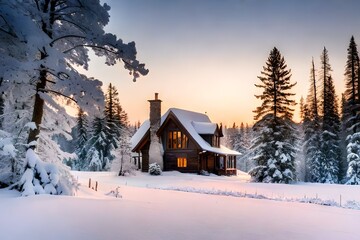 In the heart of a winter wonderland, a charming house stands amidst the embrace of an ancient fores