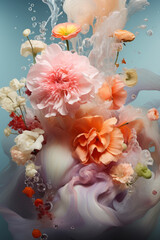 Fresh spring colorful flowers in water. Spring, love, valentine concept. AI generative, illustration.