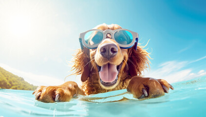 cute dog with goggles swims on the waves. Generated with AI