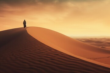 Fototapeta na wymiar Desert Solitude: Sand Dunes and Distant Man Standing, an Emblem of Jesus' 40 Days' Resilience against Temptation Generative AI