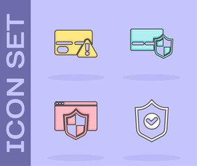 Set Shield with check mark, Credit card, Browser shield and icon. Vector