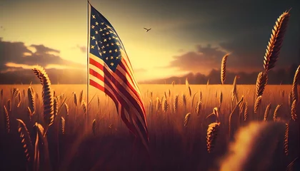 Papier Peint photo Bordeaux A sunlit wheat field with an American flag flying in the sky independence day concept generative ai