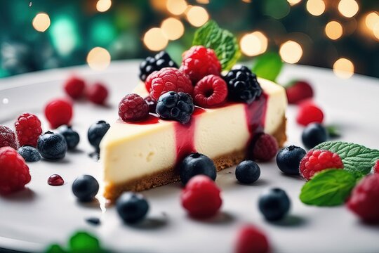 tasty cheesecake with berries, closeup view