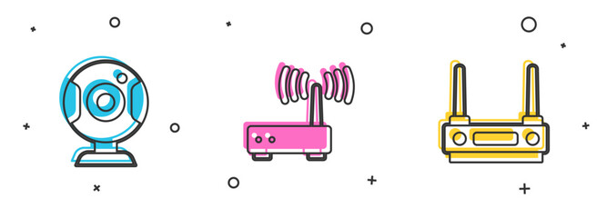 Set Web camera, Router and wi-fi signal and icon. Vector