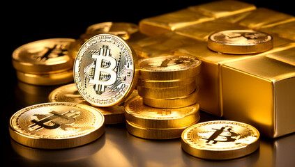 Golden Bitcoin Coin and Gold Bars. Bitcoin cryptocurrency. Business concept. Generated with AI