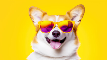 A funny Welsh Corgi portrait. Dog wearing sunglasses. Generated with AI