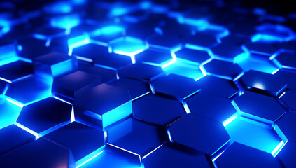 hexagon pattern of solid metal wall background black color with blue light trendy neon. Generated with AI