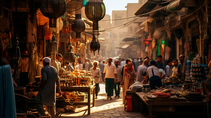 Arabic bazaar shopping in an outdoor market. Crowded with people at the market - obrazy, fototapety, plakaty