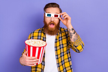 Photo of impressed man wear checkered trendy clothes watching horror science fiction movie 3d...