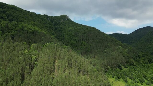 Aerial View of Lepsa, Romania. Green Forest Mountain Shot on a Drone. Cloudy Day