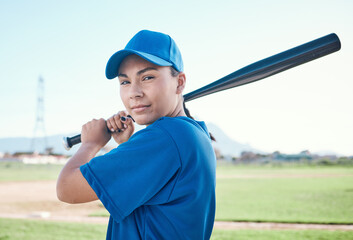 Baseball, bat and portrait of a sports person outdoor on a pitch for performance and competition. Professional athlete or softball player with gear, swing and ready for a game, training or exercise