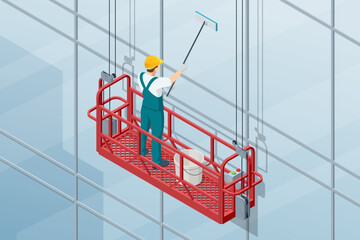 Isometric professional high rise window cleaning service workers in gondola. Clean windows of skyscraper