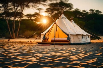 Glamping classic tent at sunset beach