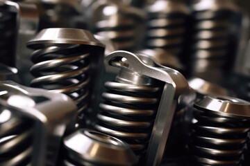 Macro shot of metal spring vibration isolators on a machine, surrounded by nuts and bolts