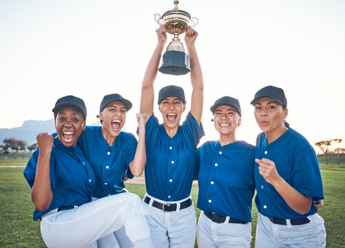 Baseball, team trophy and winning portrait with women outdoor on a pitch for sports competition. Professional athlete or softball player group celebrate champion prize, win and achievement at a game