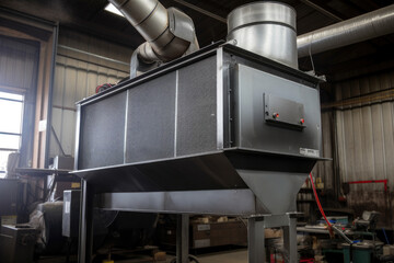Large fume extractor with heavy-duty filters capturing harmful particles in a metal fabrication shop