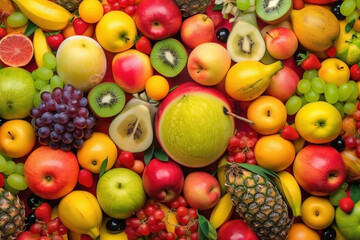 Fresh tropical fruits as background. Top view of natural fruits, full screen image