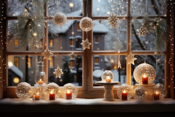 Fototapeta na wymiar window sill Christmas decorated with strings of twinkling lights and hanging snowflake ornaments