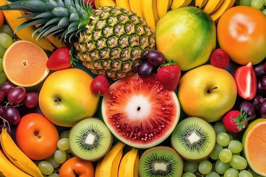 Fresh tropical fruits as background. Top view of natural fruits, full screen image