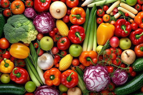 Fresh ripe vegetables as background. Top view of natural vegetables, full screen image