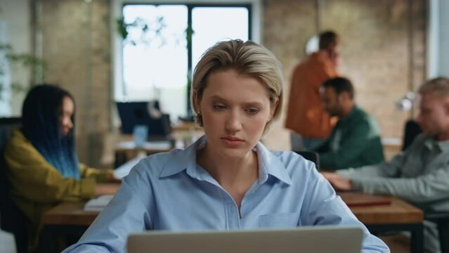 Smart lady boss thinking at business strategy sitting coworking space close up.