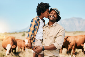 Farm, cows and child kiss father in countryside for ecology, adventure and agriculture. Family,...