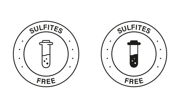 No Sulphites Label. Sulfites Free Black Stamp Set. Product without Sulfate Symbol. Natural Ingredients Sign. Glass Flask, Test Tube, No Chemical in Food Logo. Isolated Vector Illustration