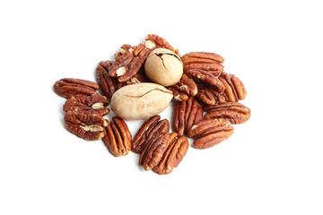 Pecan nuts in shell and peeled pecan kernels isolated on white background. Smooth and glossy shell encases the tender pecan meat