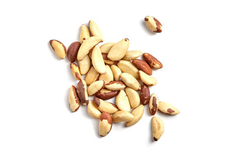Brazil nuts isolated on white background. Organic Brazil nuts, a vegan snack, top view