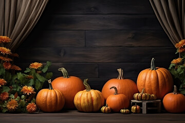 pumpkins on wooden table with wooden background, ai generated