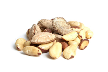 Brazil nuts isolated on white. Shelled Brazil nuts closeup