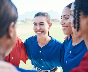 Sports team, baseball or friends in huddle for fitness, competition or game. Teamwork, happy and group of women on a softball field for planning, training and communication or funny conversation