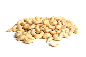 Cashew nut heap isolated on white background. Fresh and delicious cashew nuts