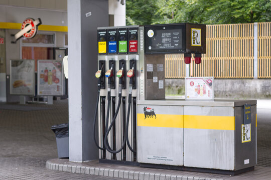 AGIP fuel, gas station. Current diesel, petrol prices. AGIP is an italian oil company and has been a subsidiary of petroleum company Eni, Vienna, Austria - July, 2023: 