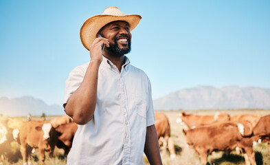 Happy black man, phone call and animals in countryside for farming, communication or networking....