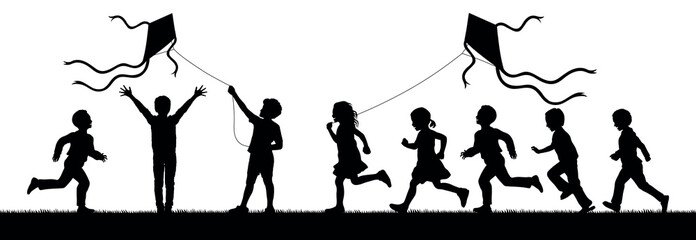 Children playing kites outdoor on grass field vector silhouette set.