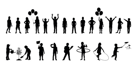 Kids standing together in row silhouettes. Children standing with various poses. Kids various outdoor activities vector silhouette set collection.