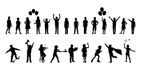 Silhouettes of children different poses standing together in row. Group of kids with various activities hobbies and sports vector silhouette set collection.