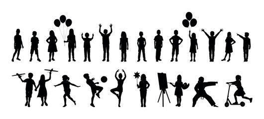 Silhouettes of children different poses standing together in row. Kids various activities hobbies and sports vector silhouette set collection.