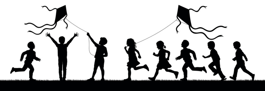 Children playing kites outdoor on grass field vector silhouette set.