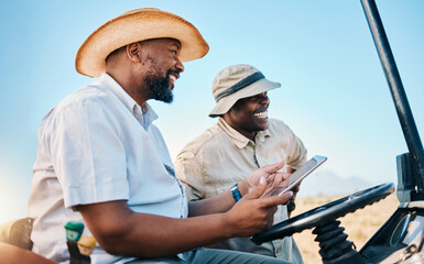 Game drive, safari and men laugh with tablet for direction in Kenya desert with car for travel...