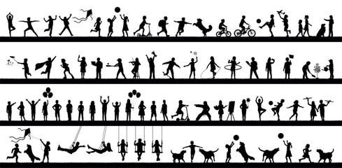 Children outdoor various activities hobbies and sports in row black silhouettes set large collection. Kids playing together outside black silhouettes.