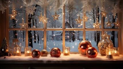  window sill Christmas decorated with strings of twinkling lights and hanging snowflake ornaments