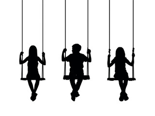Kids sitting on swings on white background vector silhouette.
