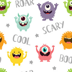 Cute monster seamless pattern, monster vector illustration background