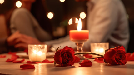 Blur of couple at a candle light dinner date with red roses