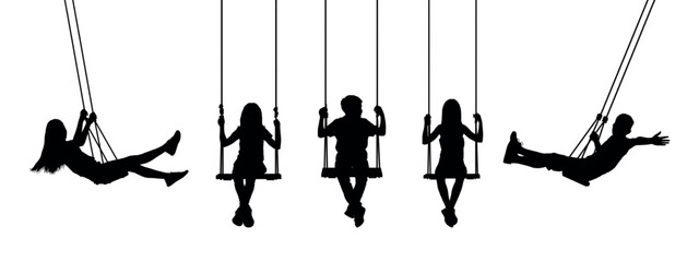 Kids swinging together on white background vector silhouette.