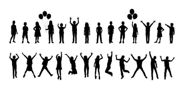 Kids standing and jumping in row on white background vector silhouette set collection.