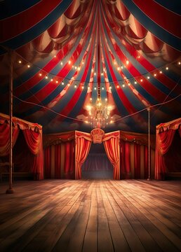 A stage circus with a red and yellow tent with lights on it