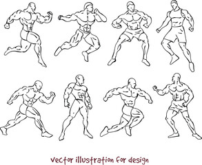 illustrations of muscular people. Vector silhouette set 